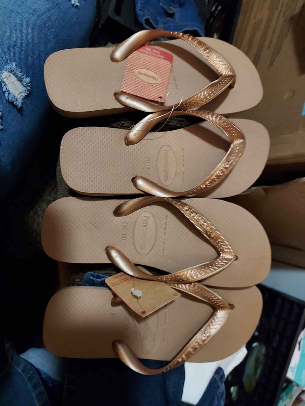 Havaianas Slim Flip Flops in Metallic Rose Gold and Beige - Picture 2 of 2